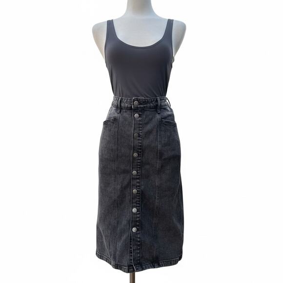 Old Navy Denim Skirt Sz 6 Black Midi Button Down Faded Y2K Casual Skater Punk - Picture 2 of 8